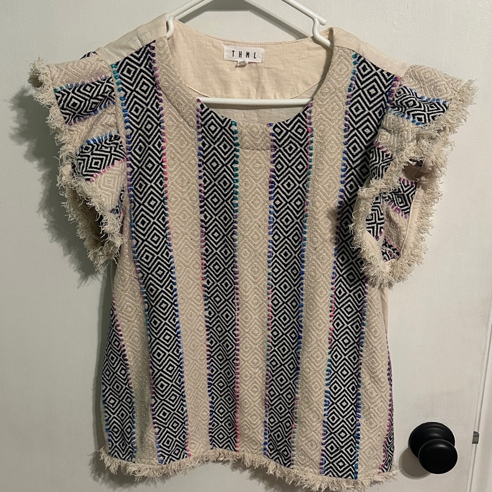 0077 THML Cream and Black Geometric Blouse womens‎ size small